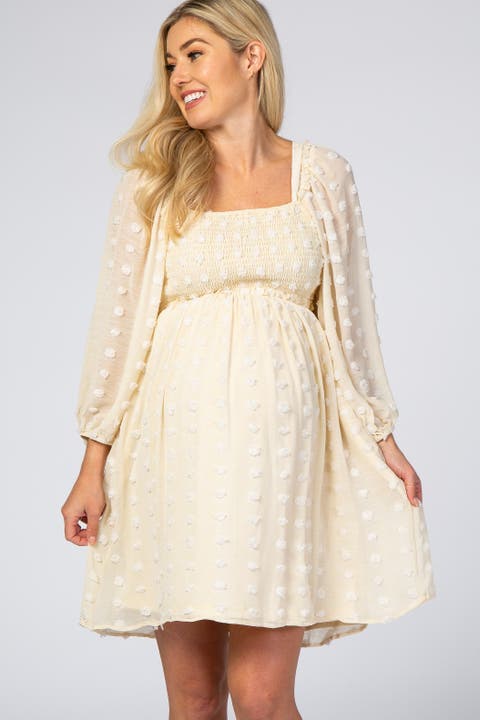 Textured Dot Smocked Square Neck Chiffon Dress