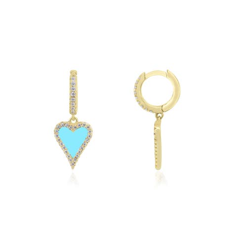 Mini Turquoise CZ Halo Heart Dangle Earrings