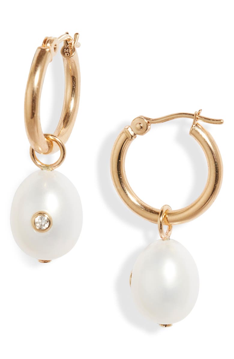 Poppy Finch Diamond & Freshwater Pearl Drop Hoop Earrings, Main, color, 