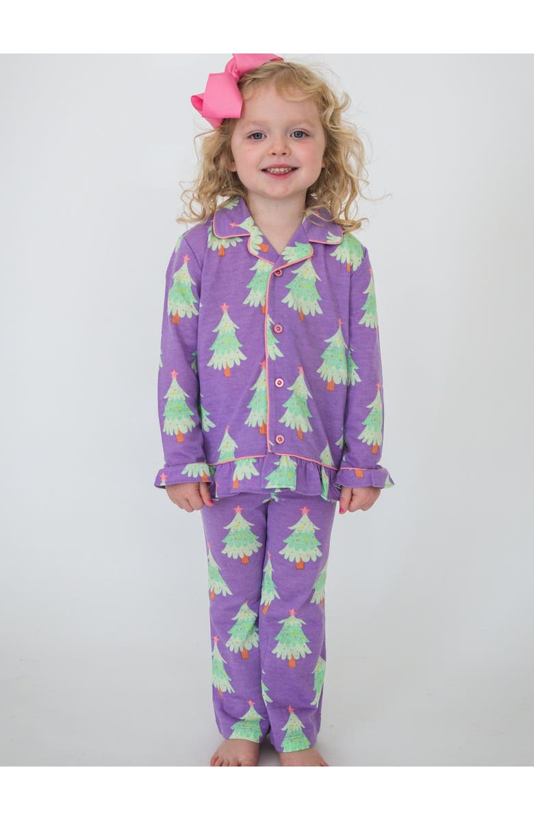 RuffleButts Holiday Ruffle Flare Pajama Set, Alternate, color, Purple Twinkling Trees