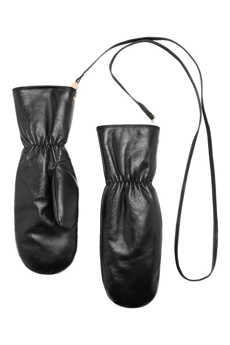 Leather Mittens With Faux Fur Lining, Main, color, BLACK