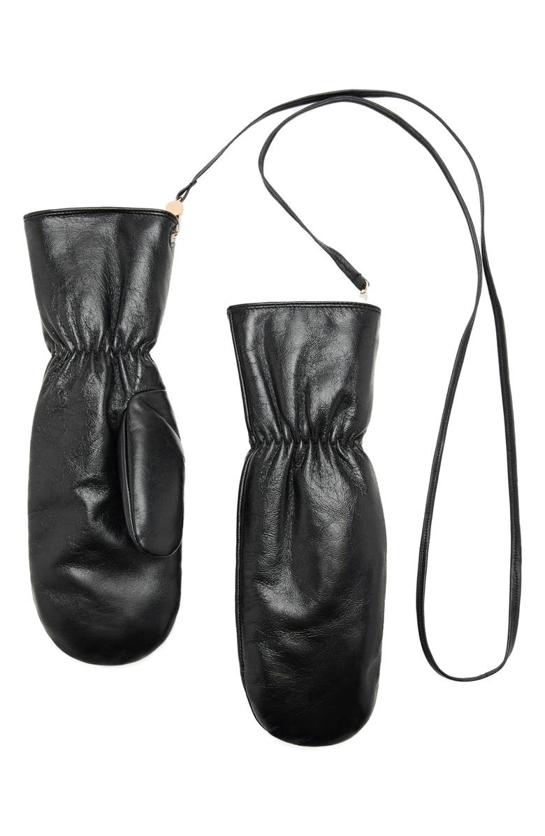 MANGO Leather Mittens With Faux Fur Lining, Main, color, 