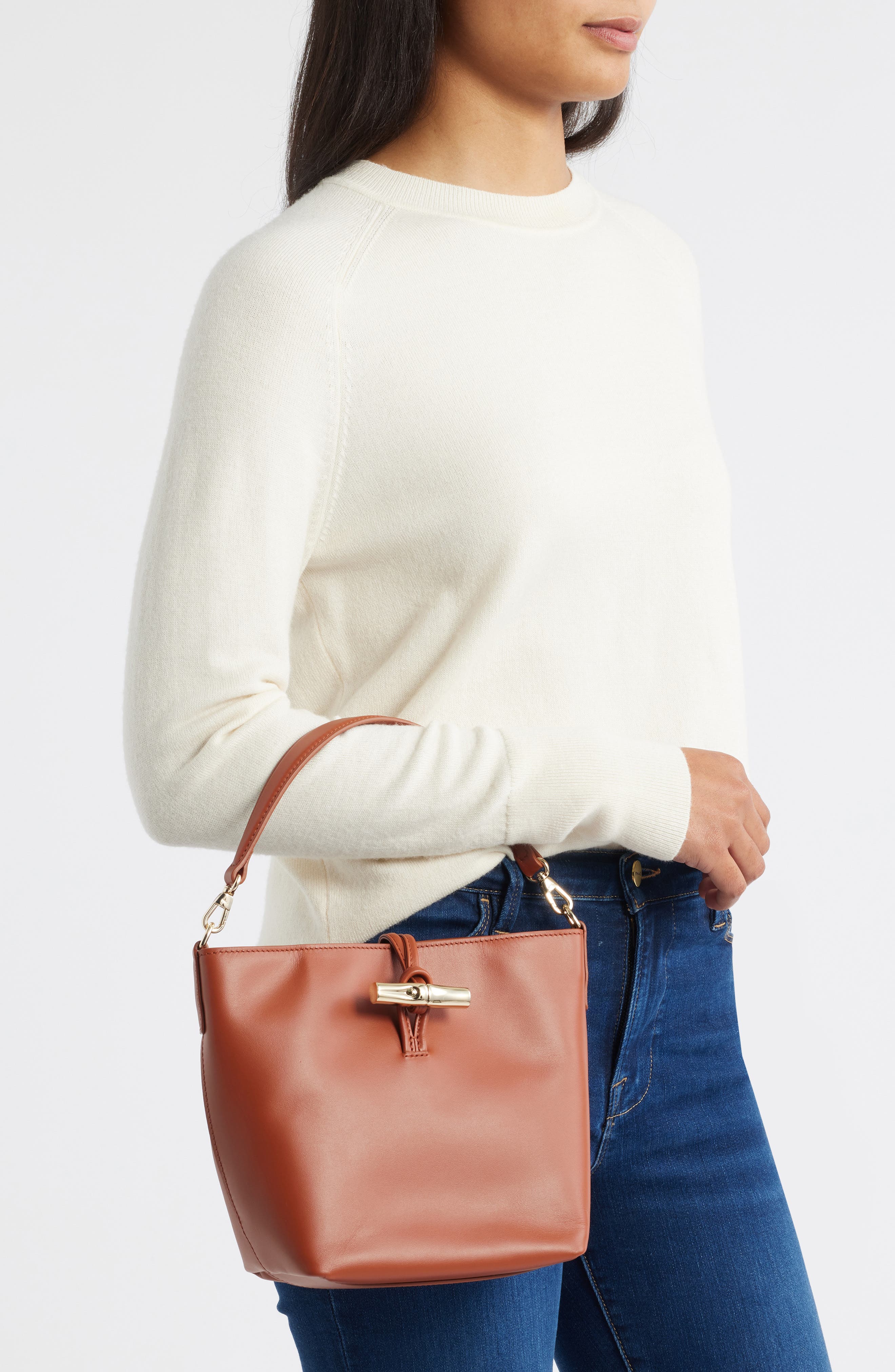 Longchamp Extra Small Le Roseau Leather Bucket Bag, Alternate, color, Bark