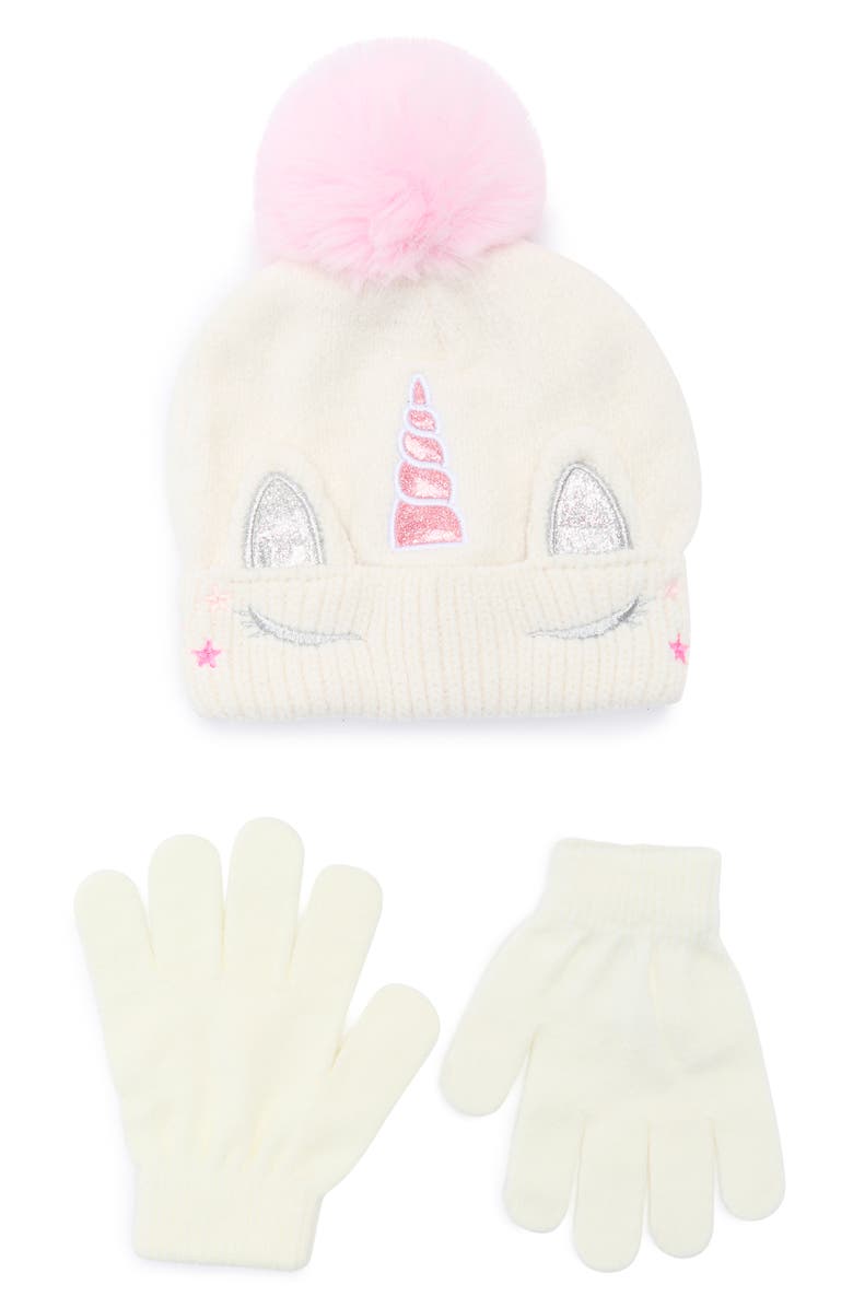 Capelli New York Kids' Unicorn Beanie & Gloves Set, Main, color, Ivory Combo