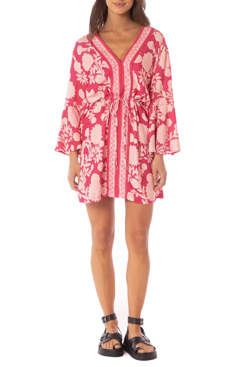 Candy Flowery Joy Long Sleeve Cover-Up Mini Sundress, Main, color, BRIGHT RED