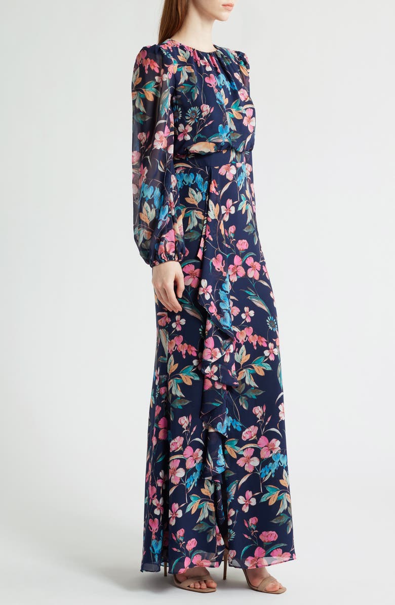 Eliza J Floral Long Sleeve Cascade Ruffle Maxi Dress, Alternate, color, 