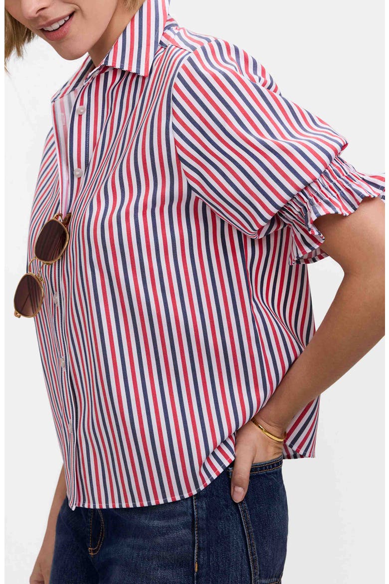 Vivienne Stripe Elbow Sleeve Matte Sateen Button-Up Shirt, Alternate, color, RED/ NAVY BLUE