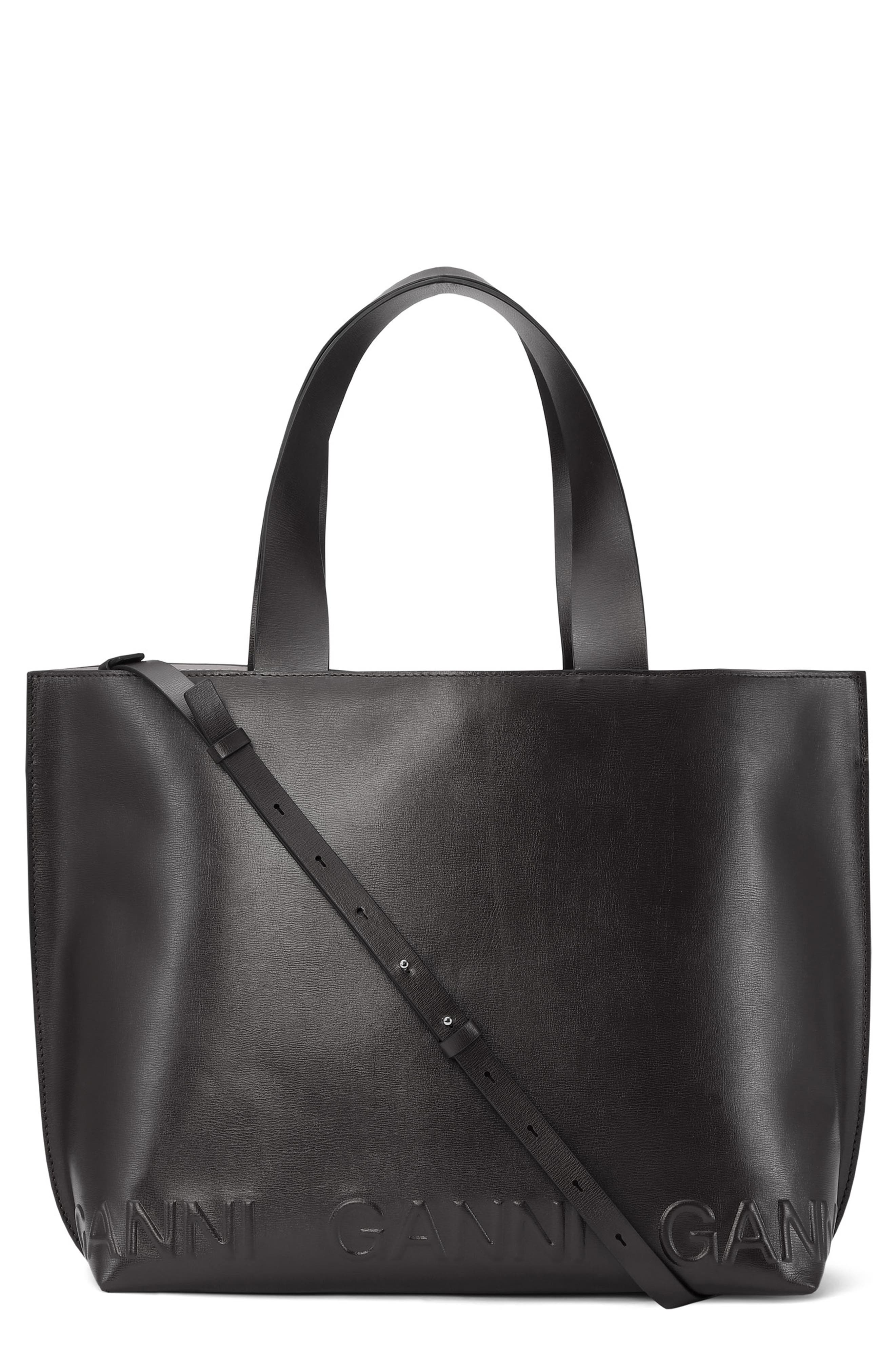 Ganni Extra Wide Banner Recycled Leather Tote, Main, color, 