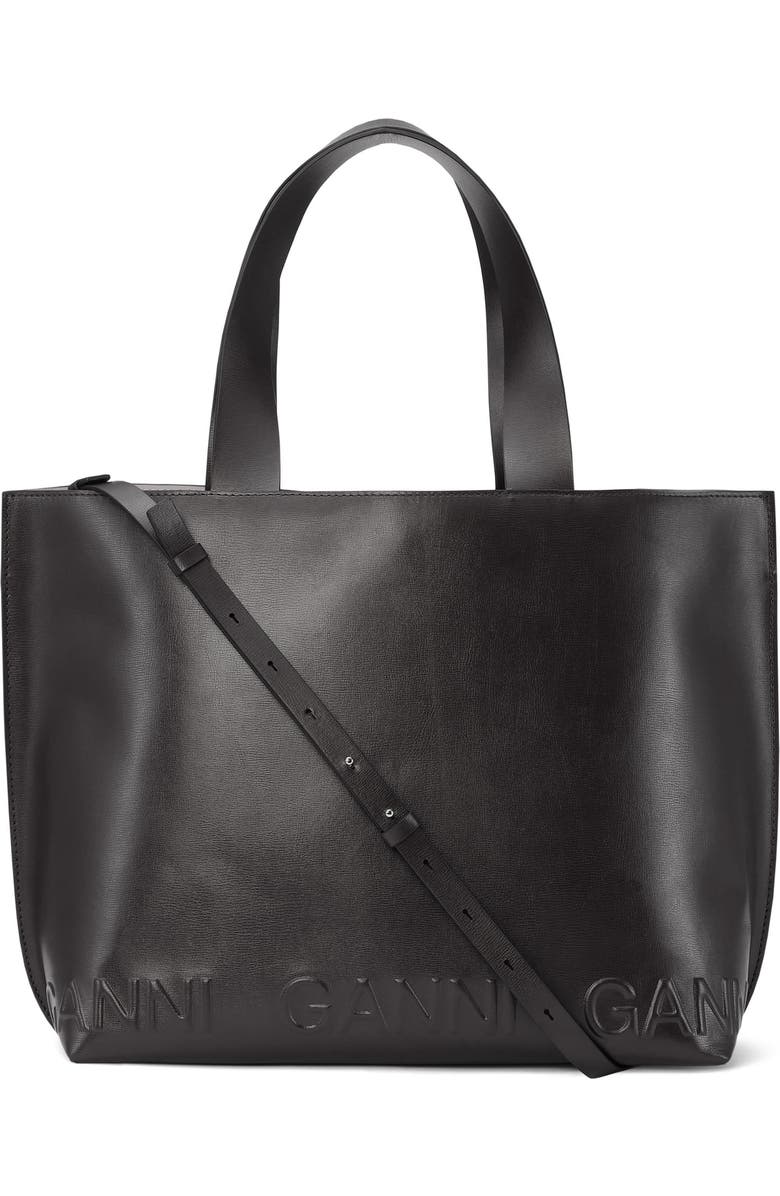 Ganni Extra Wide Banner Recycled Leather Tote, Main, color,
