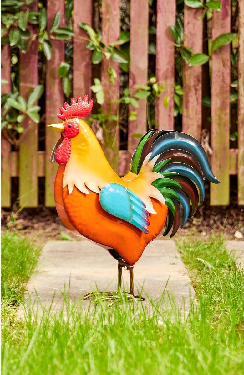 Glitzhome 21"H Metal Rooster Garden Statue Indoor Outdoor Sculpture, Alternate, color, Orange
