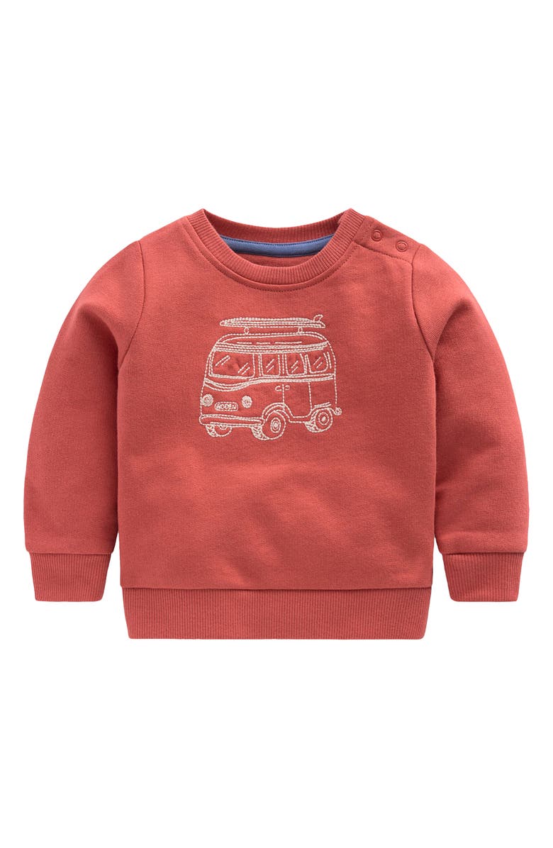 Mini Boden Embroidered Cotton Sweatshirt, Main, color, Jam Red Campervan