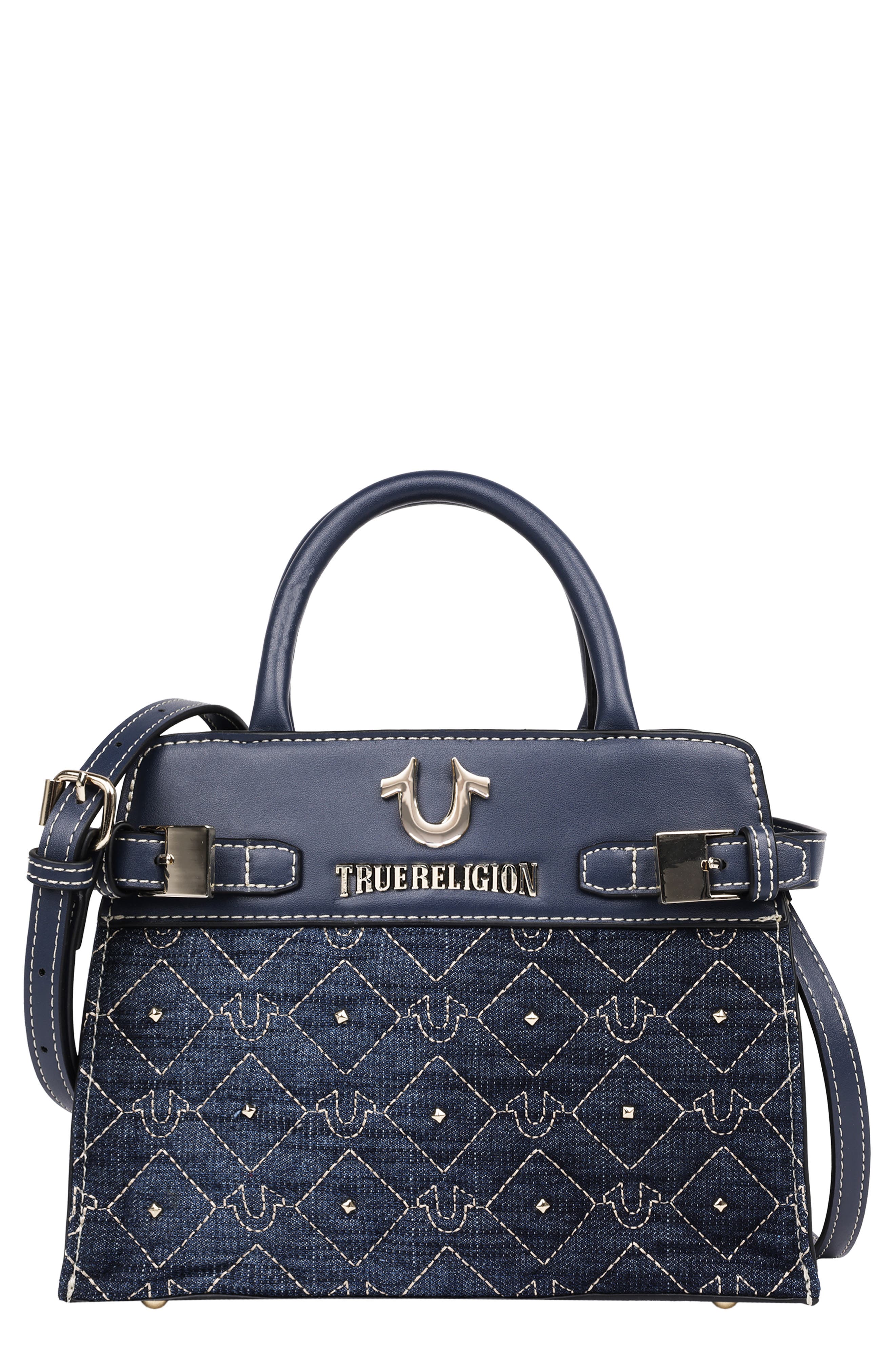 True Religion Studded Denim & Faux Leather Tote Bag, Main, color, 