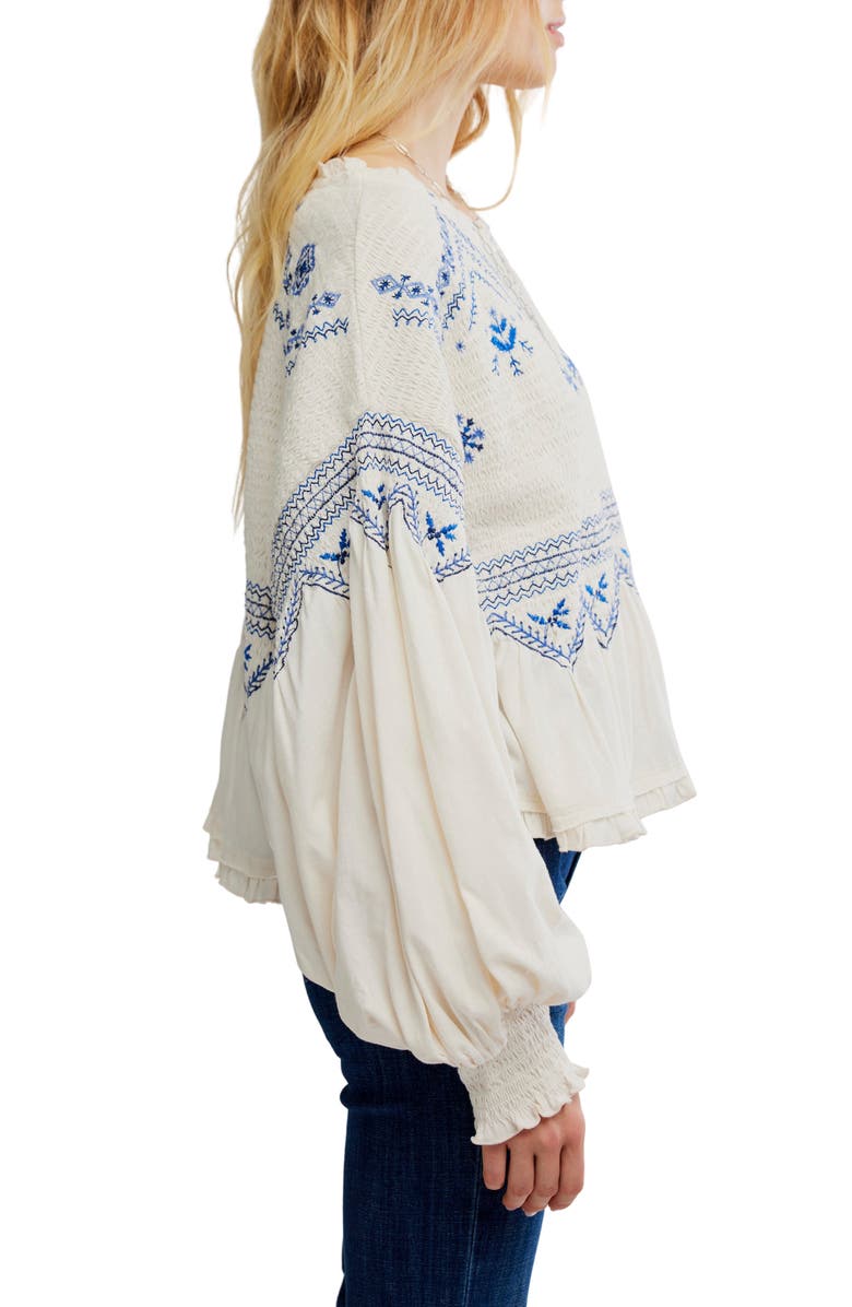 Free People Holly Smocked Embroidered Top, Alternate, color, Eggnog Combo