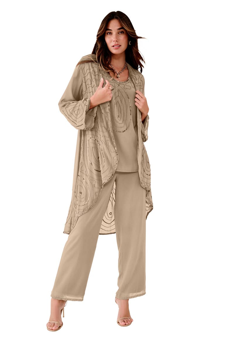Plus Size Beaded Georgette Scoop Neck 3-Piece Pant Set, Main, color, SPARKLING CHAMPAGNE