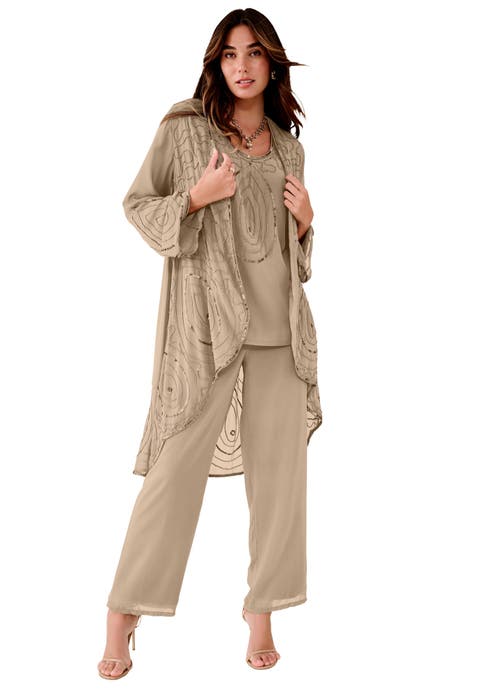 Plus Size Beaded Georgette Scoop Neck 3-Piece Pant Set (Plus)