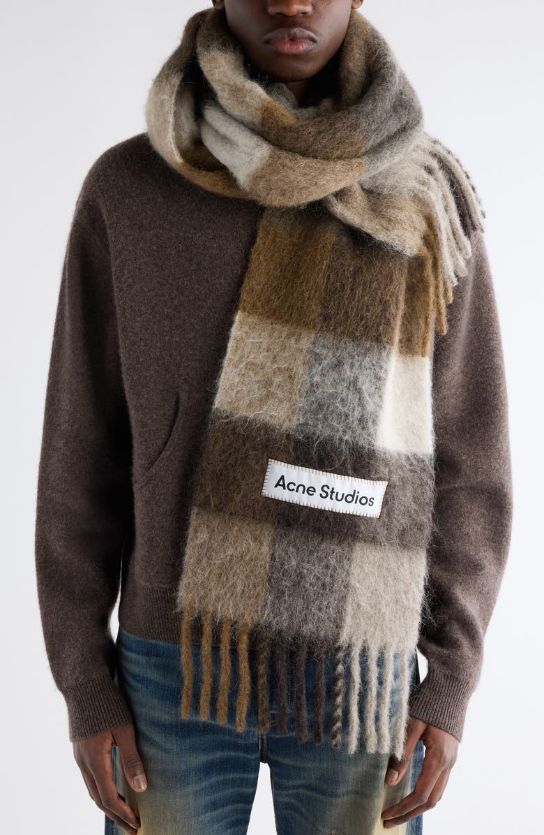 Acne Studios Vally Plaid Alpaca, Wool & Mohair Blend Scarf, Alternate, color, Dark Brown/ White/ Brown