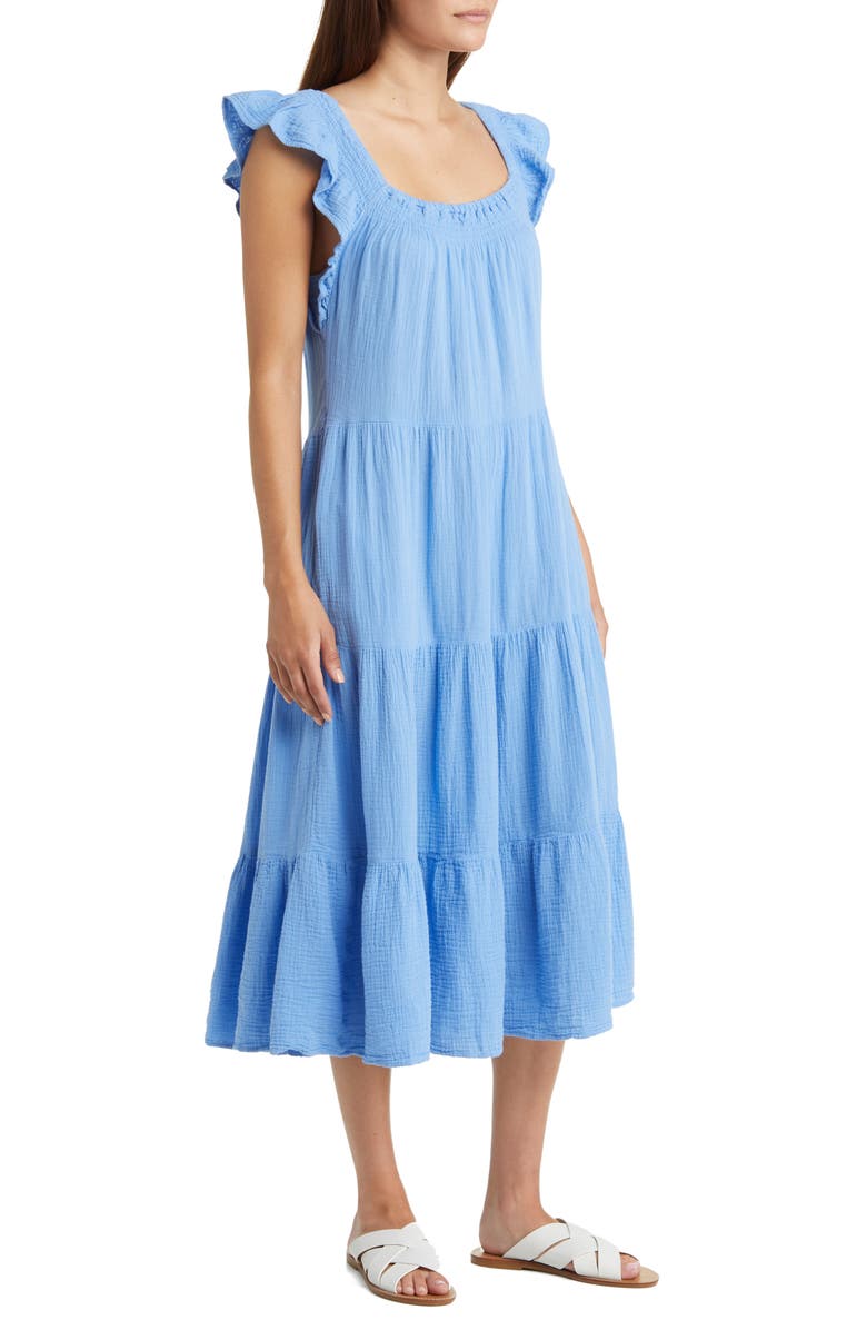 beachlunchlounge Flutter Sleeve Tiered Cotton Gauze Midi Dress, Alternate, color, 