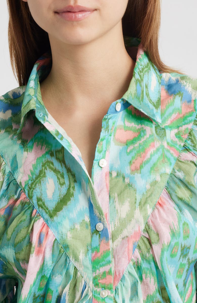 LOVE THE LABEL Sebali Floral Ikat Print Button-Up Shirt, Alternate, color, Symphonic Ikat Bermuda