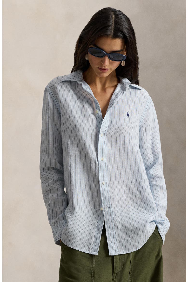 Classic Fit Stripe Linen Button-Up Shirt, Alternate, color, LIGHT BLUE WHITE