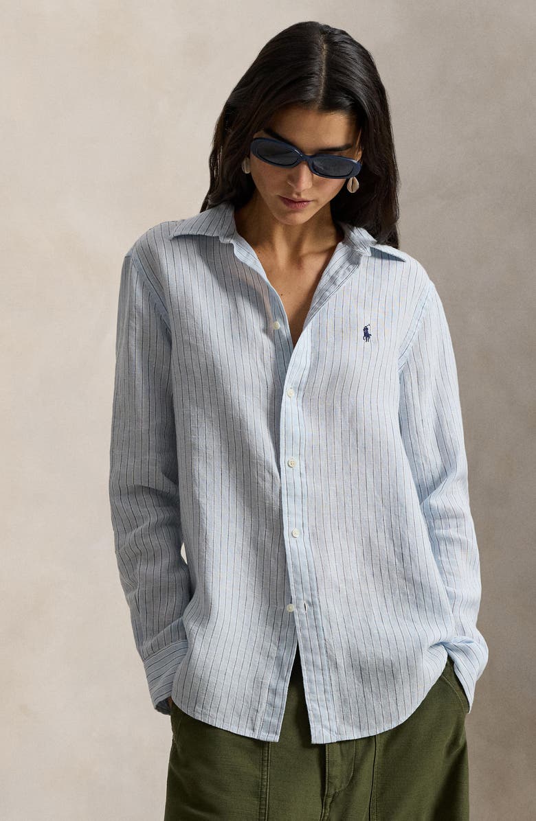 Polo Ralph Lauren Classic Fit Stripe Linen Button-Up Shirt, Alternate, color, Light Blue White