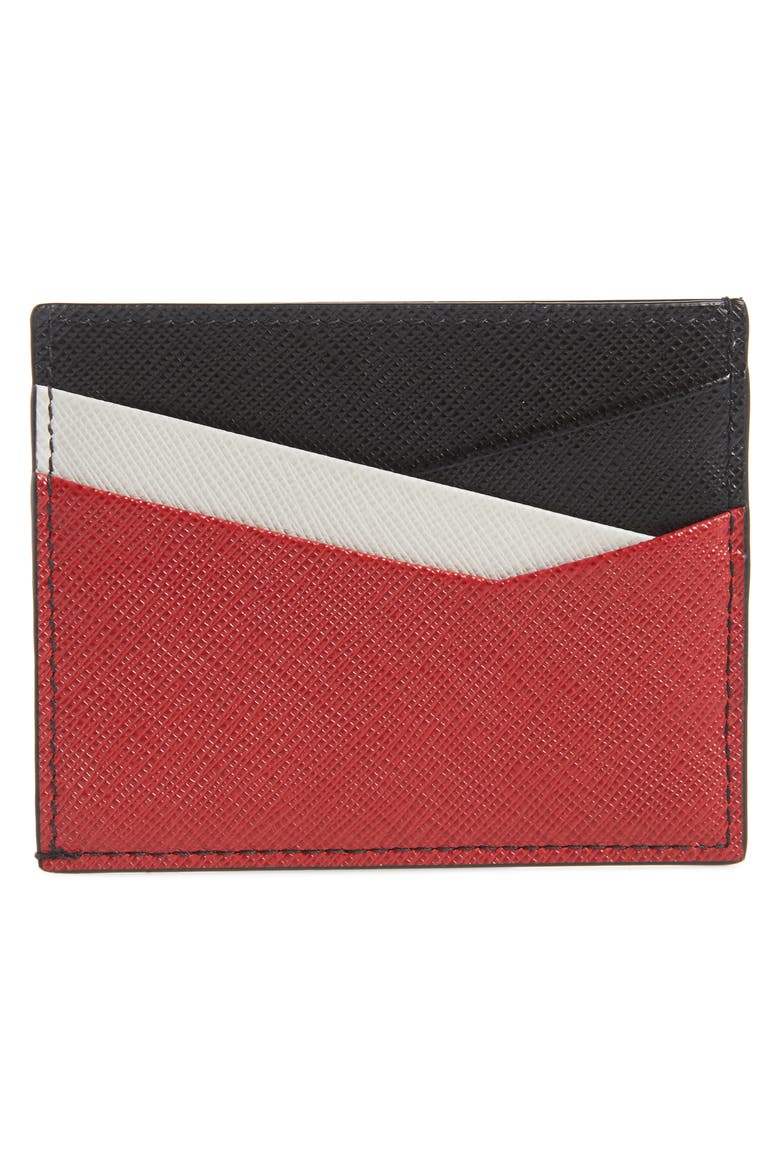 Saffiano Cross Leather Card Case, Alternate, color, NERO/ FUOCO