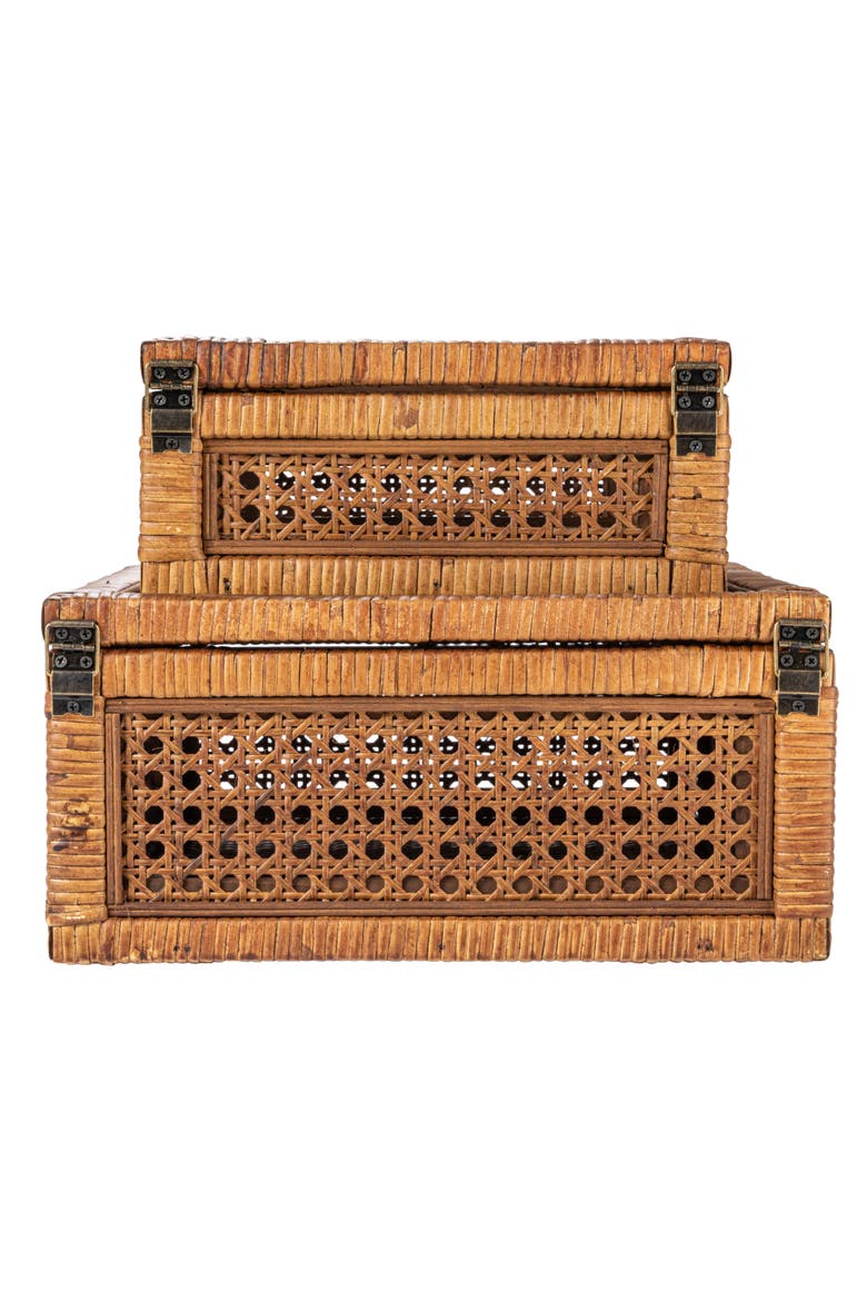 Modern Decorative Square Woven Rattan and Wood Display Boxes with Glass Top, Dark Brown Finish, Set of 2, Alternate, color, Brown