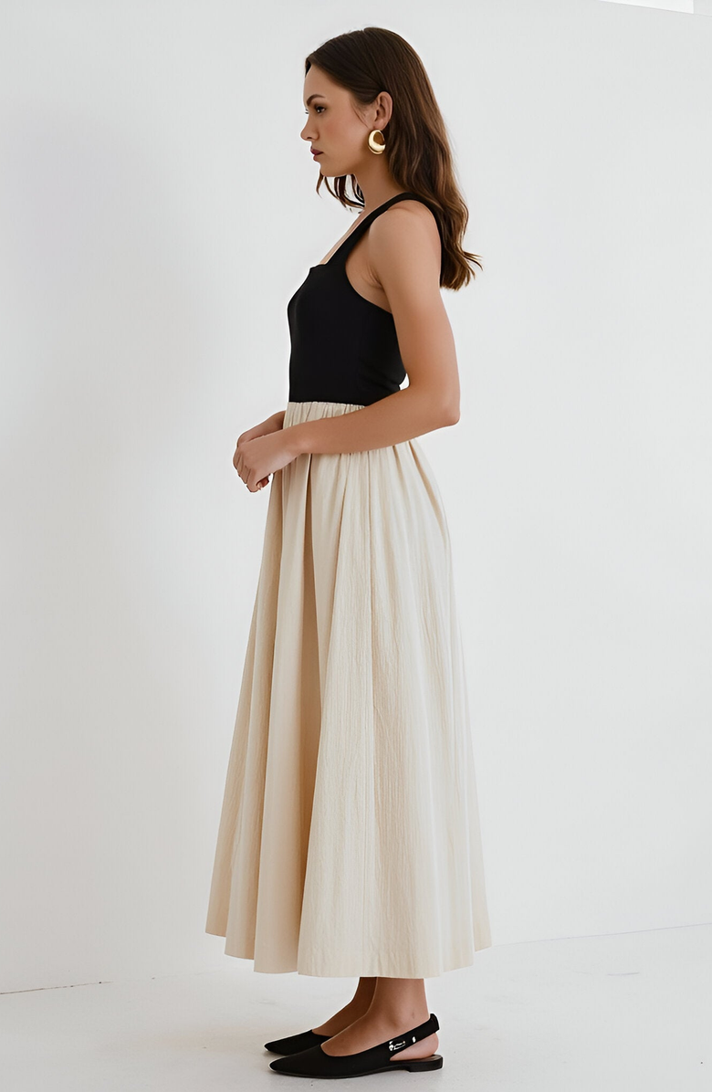 Modenaire Two-Tone Halter Maxi Dress with Fitted Bodice and Gathered Skirt, Alternate, color,