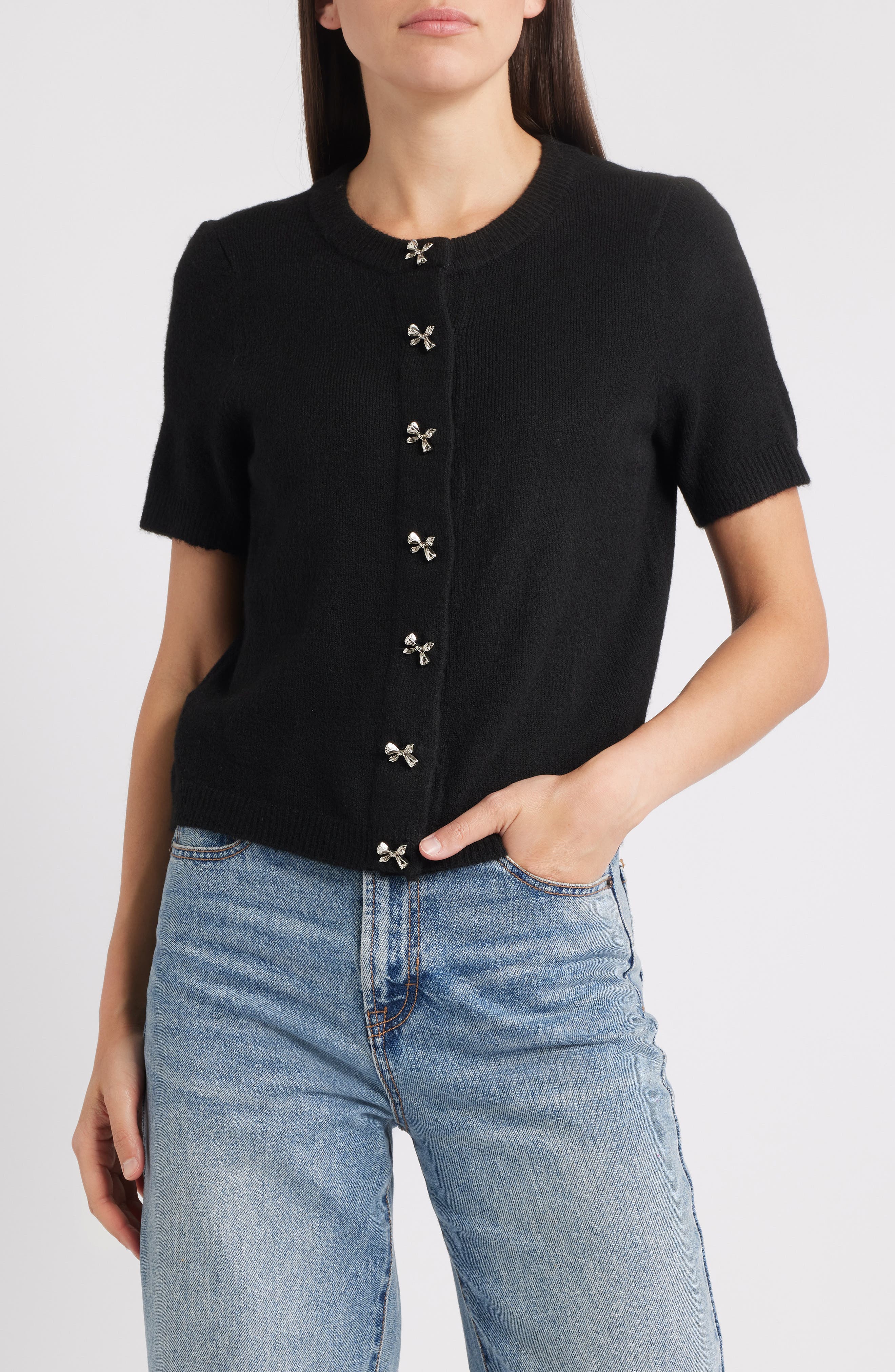 CeCe Short Sleeve Bow Button Cardigan