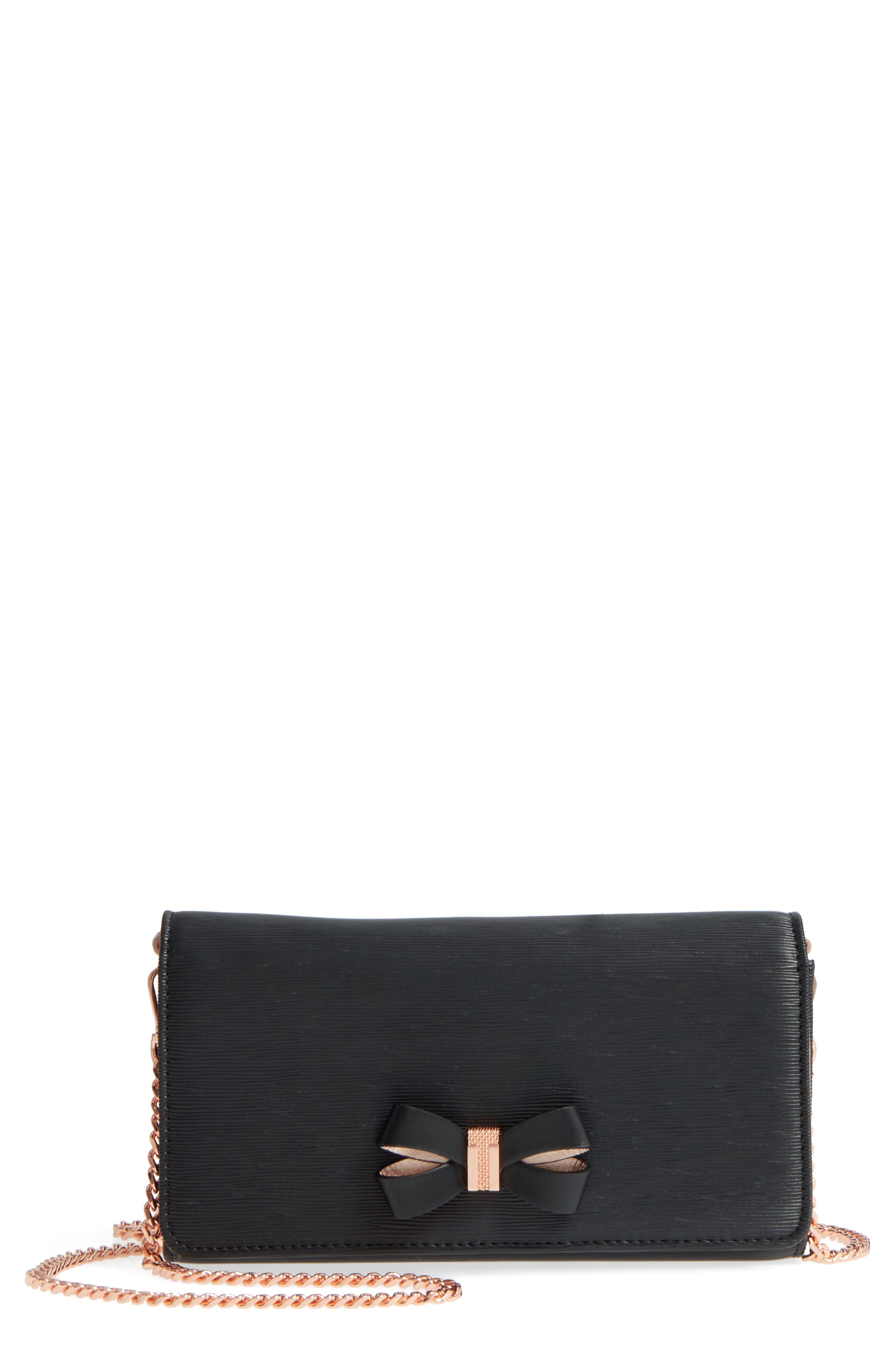 Melisia Bow Leather Mantinee Wallet on a Chain, Main, color, BLACK