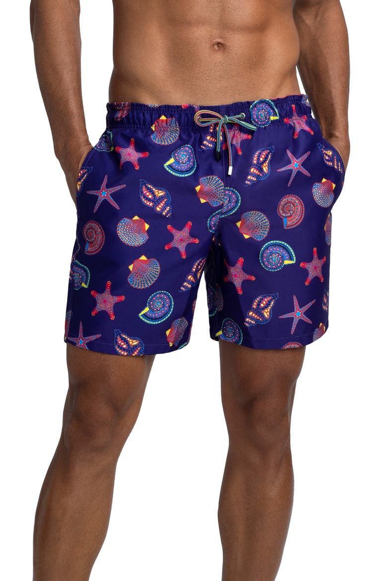 Seashell Print Swim Trunks, Main, color, NIGHT BLUE