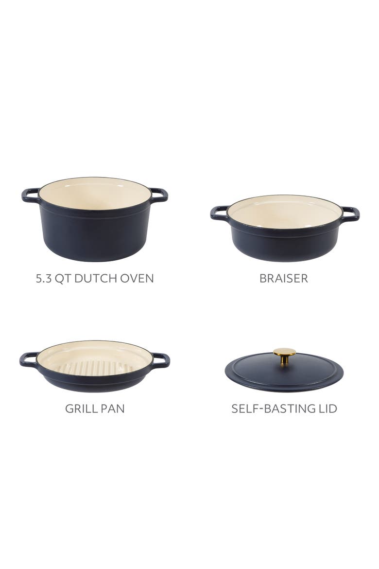 4-Piece Enameled Cast Iron Stackable Cookware Set Dutch Oven with Lid, Braiser and Grill Pan, Alternate, color, Navy Blue