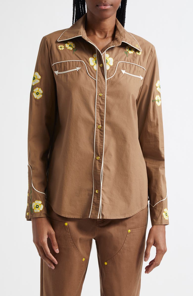 Melody Ehsani Ranch Embroidered Cotton Button-Up Shirt, Main, color, Brown