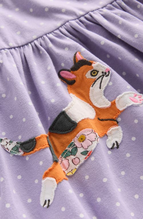 Shop Mini Boden Kids' Dot Print Kitten Appliqué Cotton Jersey Dress In Misty Lavender Cats