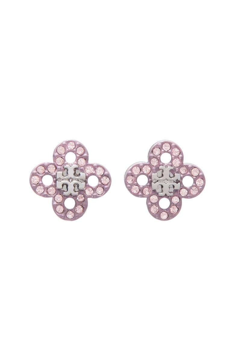 Tory Burch Forget Me Not Stud Crystal Earrings, Main, color, Tory Silver / Pink