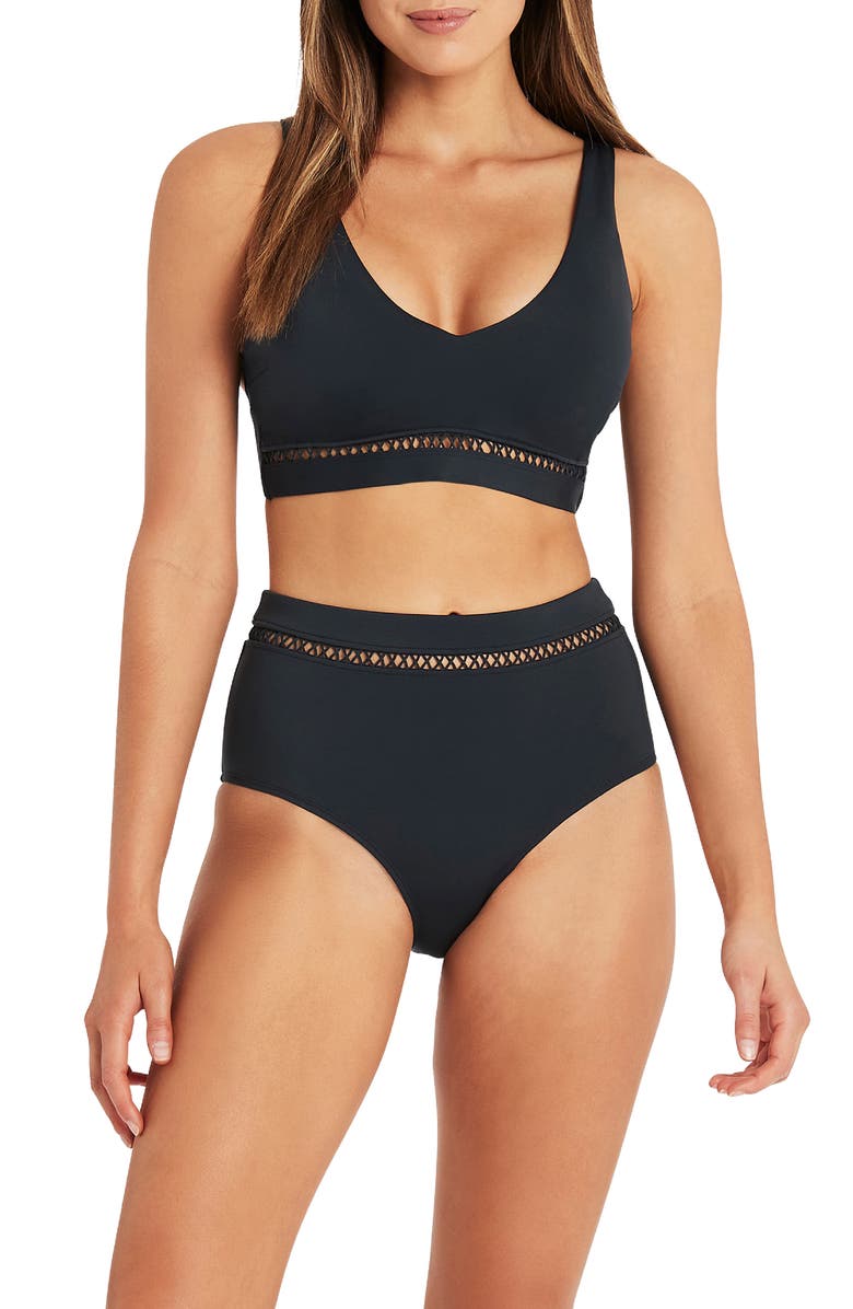 Sea Level High Waist Bikini Bottoms, Alternate, color, Charcoal