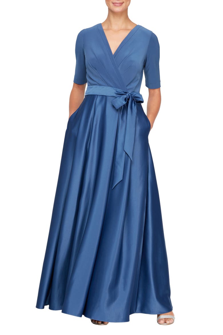 Surplice Neckline Satin Formal Dress, Main, color, WEDGEWOOD