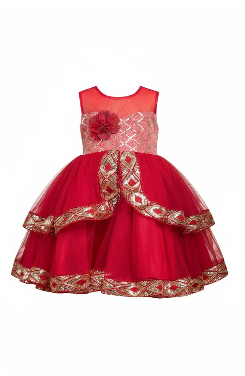 Mia Belle Girls Made To Sparkle Embroidered Tulle Holiday Dress, Main, color, Red