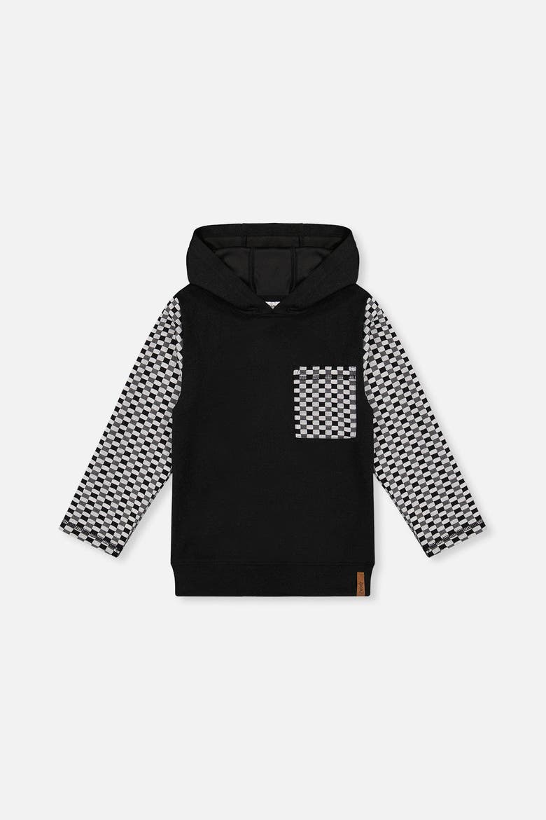 Colorblock Checkered Chest Pocket Hooded Top, Main, color, Black and White
