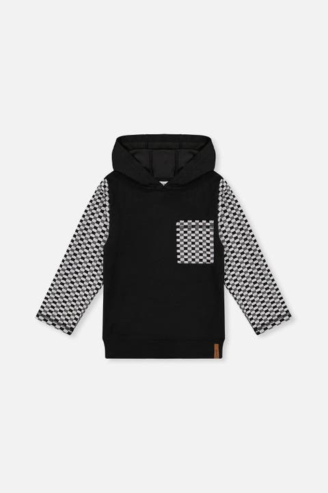 Colorblock Checkered Chest Pocket Hooded Top