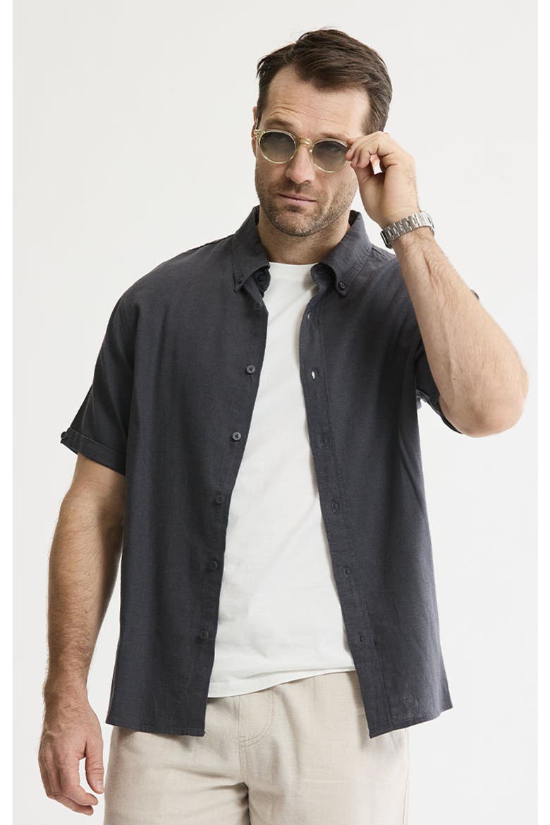 Linen Blend Short Sleeve Shirt, Main, color, Asphalt