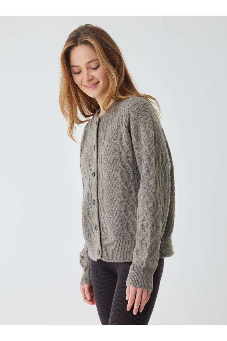 Yak Wool Cable Long Sleeve Crewneck Cardigan, Alternate, color, SMOKE
