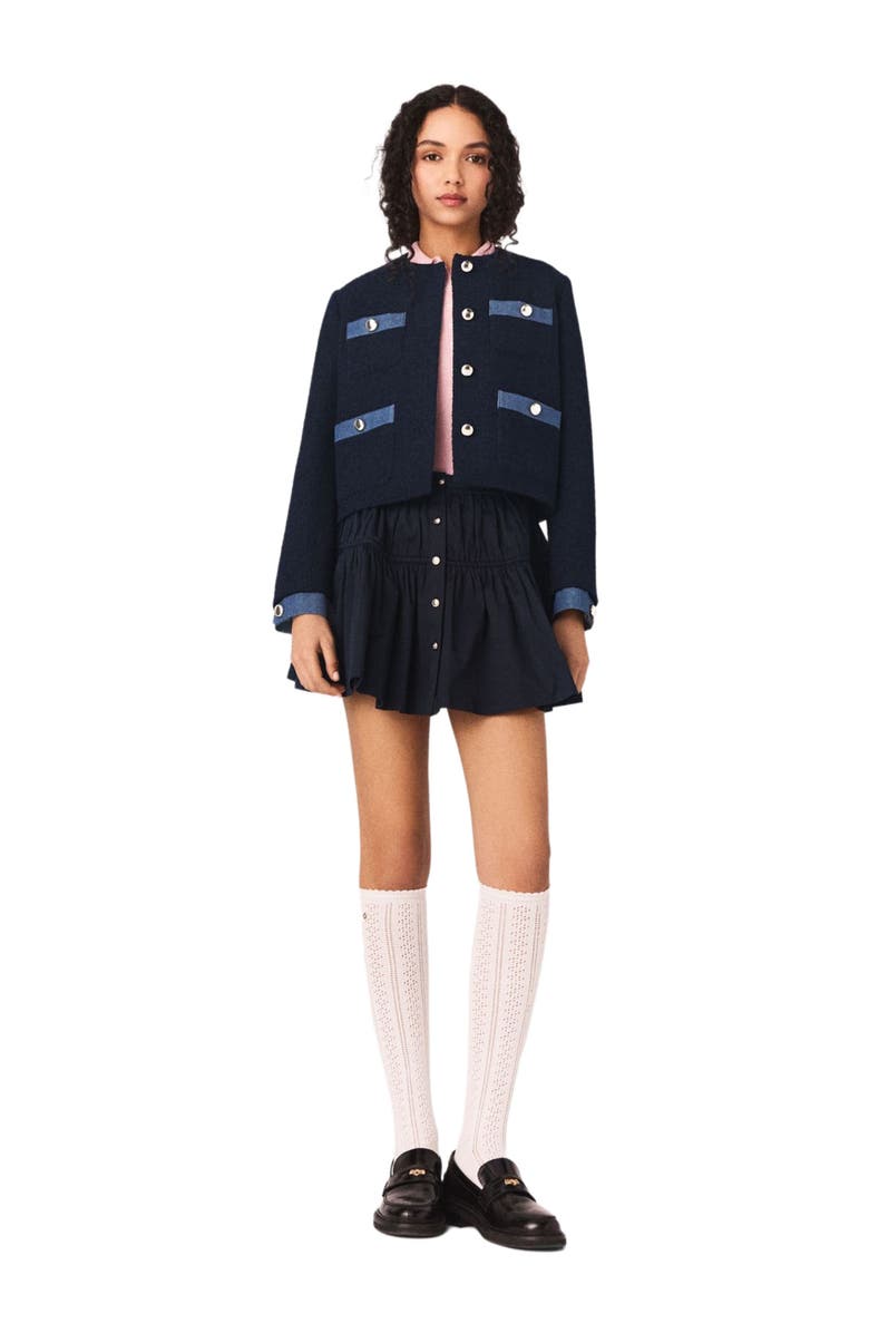 maje Tweed jacket with denim trim, Alternate, color, Navy