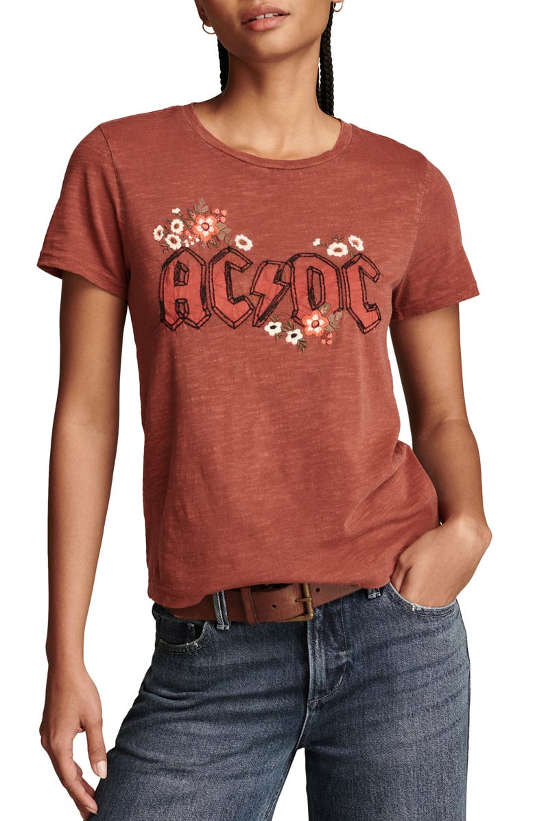 Lucky Brand AC/DC Floral Embroidered Cotton Graphic T-Shirt, Main, color, 