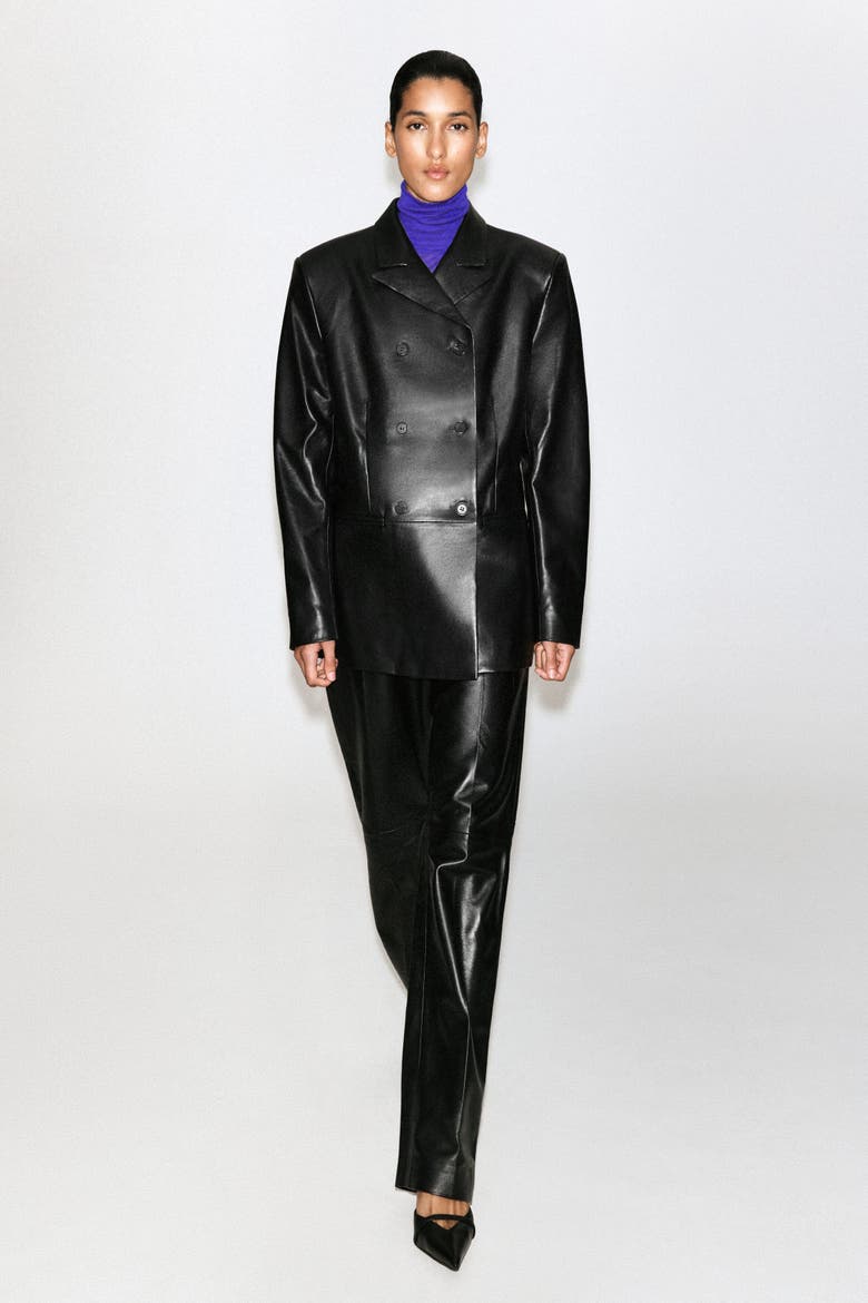 Leather Double-Breasted Blazer, Alternate, color, BLACK