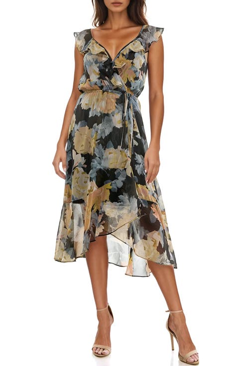 Ruffle Faux Wrap Chiffon Midi Dress