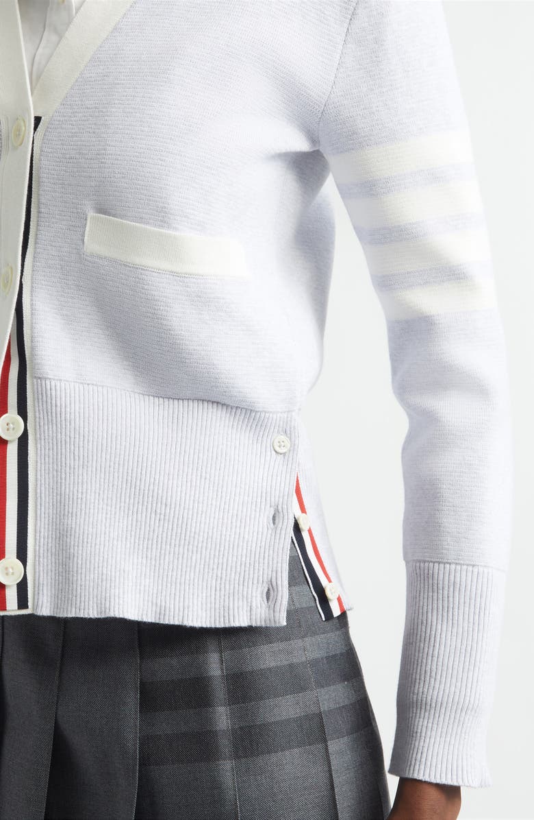 Thom Browne 4-Bar Contrast Trim Cotton Cardigan, Alternate, color, Pale Grey