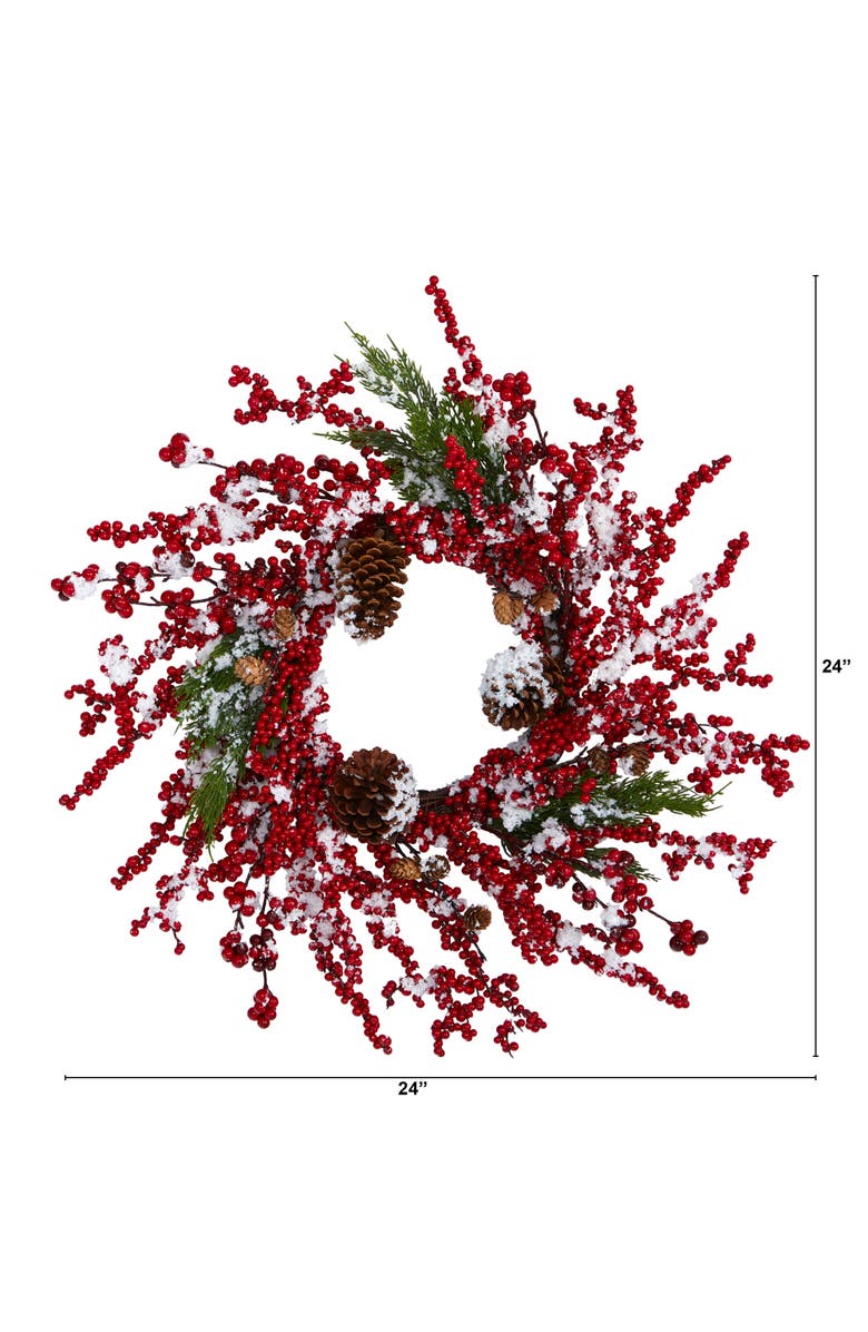 NEARLY NATURAL 24-in Frosted Cypress Artificial Wreath with Berries and Pine Cones, Alternate, color, Red