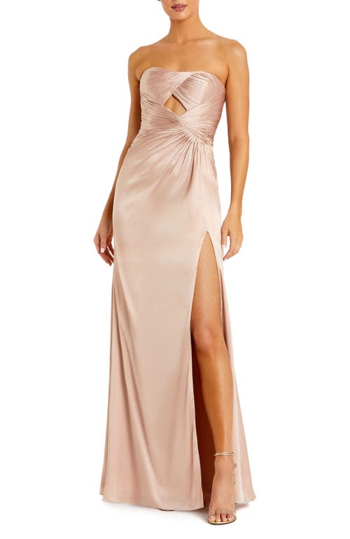 Mac Duggal Strapless Charmeuse Wrap Gown With Cutout Detail In Oyster