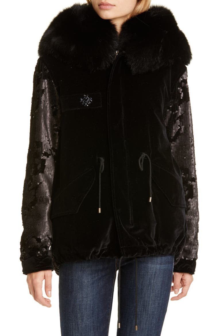 Sequin Embellished Velvet Coat with Removable Genuine Fox Fur Trim, Main, color, BLACK