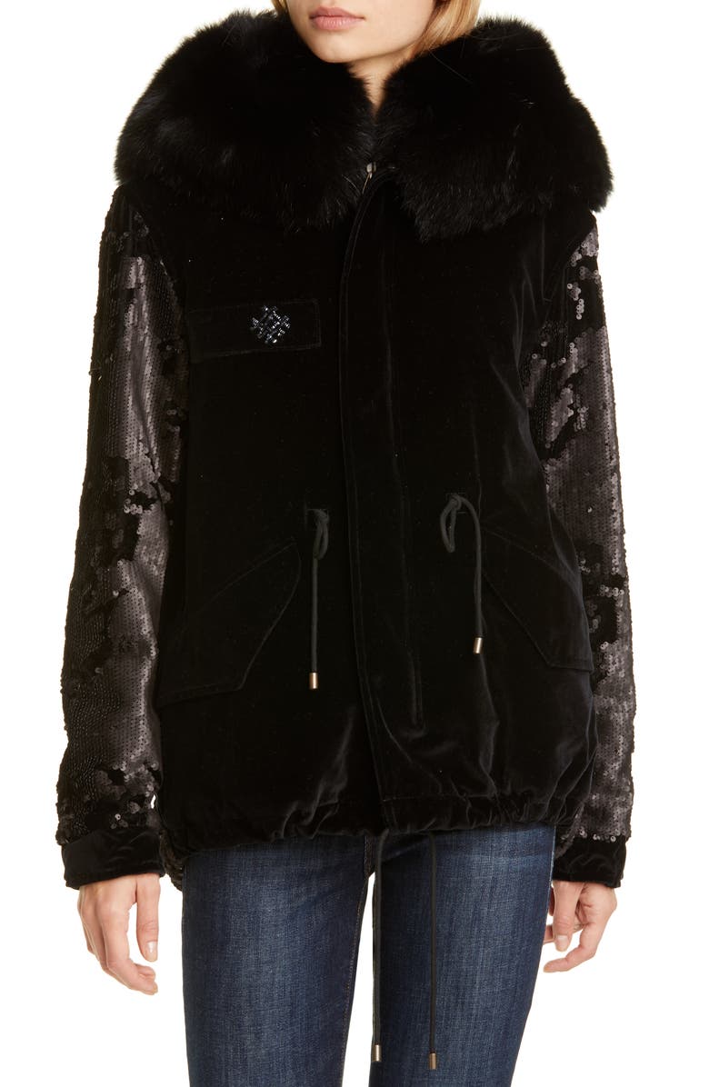 Mr & Mrs Italy Sequin Embellished Velvet Coat with Removable Genuine Fox Fur Trim, Main, color, Black